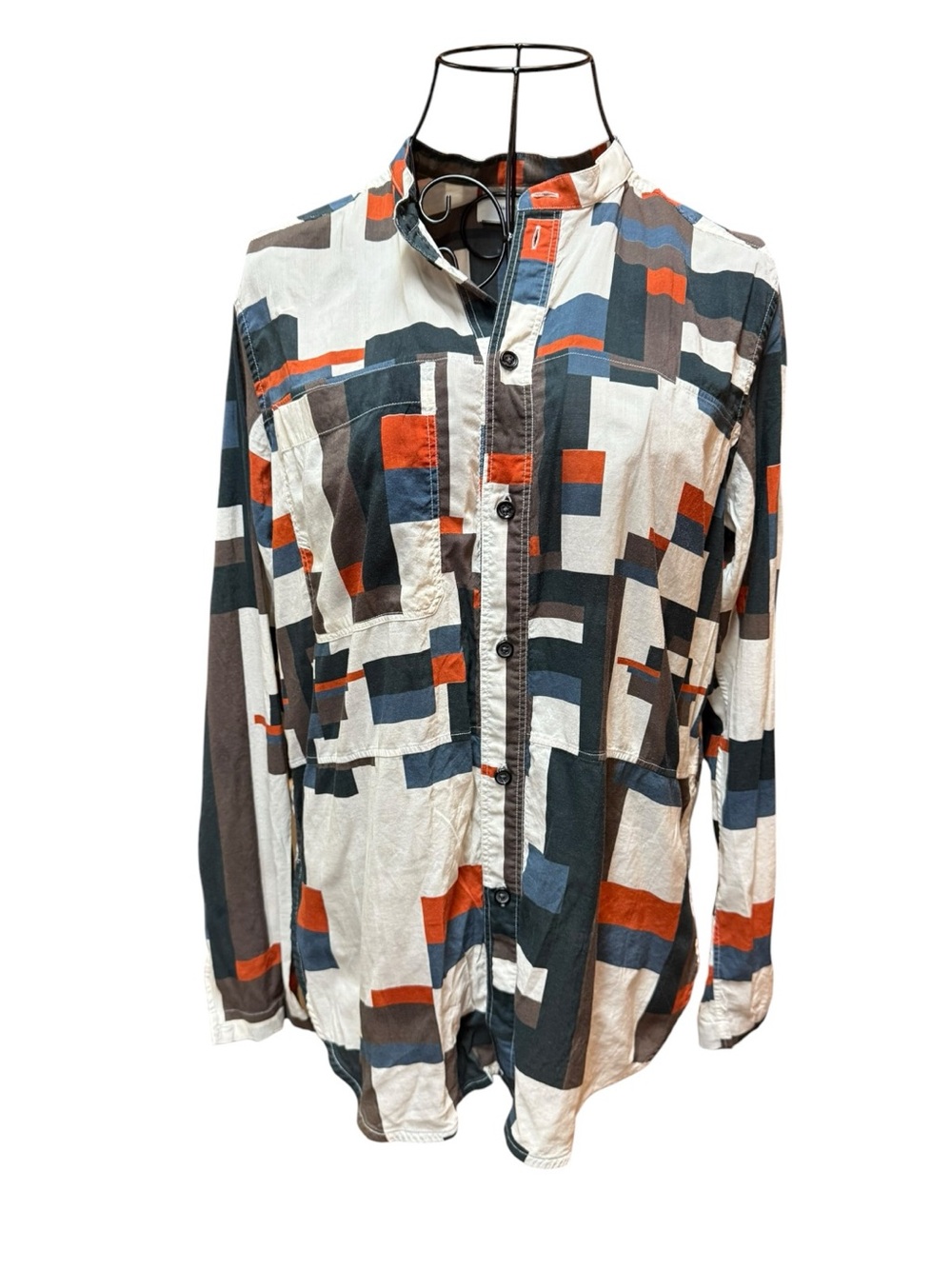 Billy Reid Cotton Abstract Geometric Print Button-Up Blouse - White, Navy & Rust